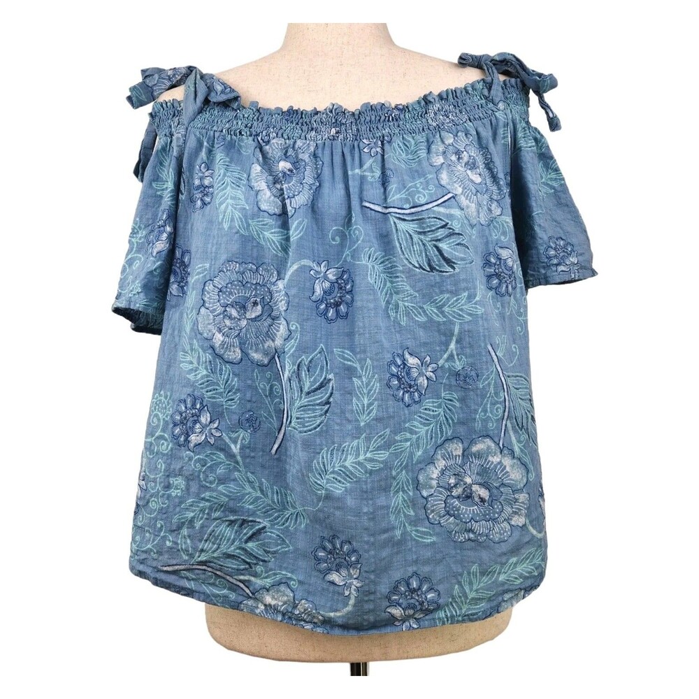a.n.a Blue Floral Off-Shoulder Blouse Large Feminine Romantic Bows Western Boho